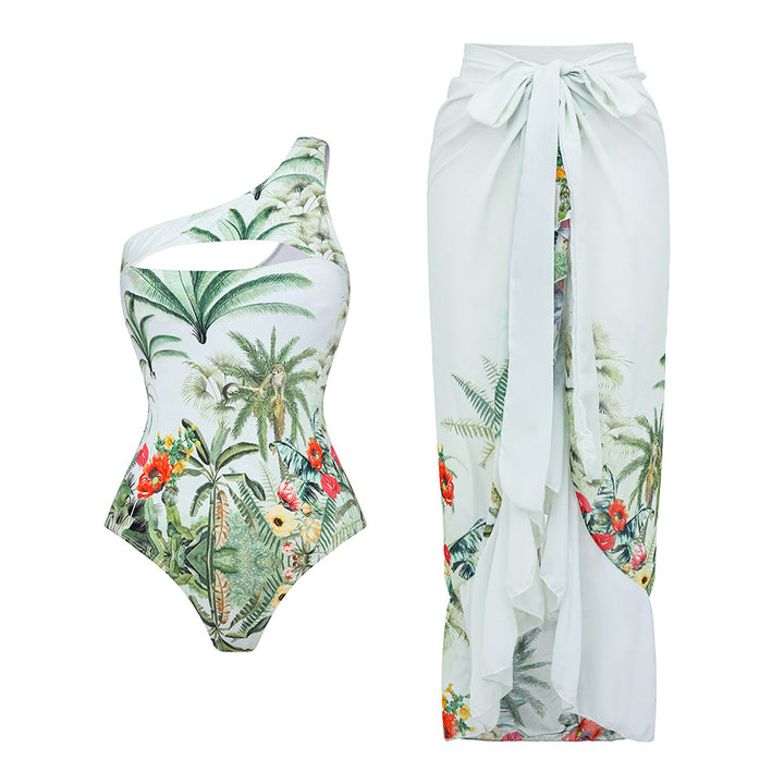 one-shoulder tropical print swimsuit with chiffon sarong – PALMERA