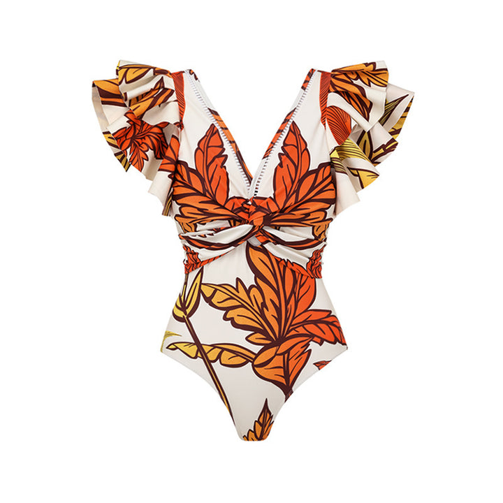 ruffle sleeve twist-front swimsuit with printed wrap sarong set – AUTUMN