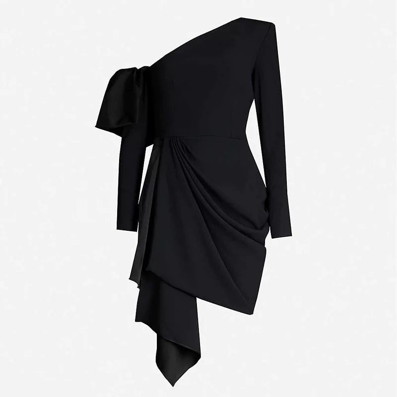 Black One-Shoulder Draped Mini Dress – Noirelle