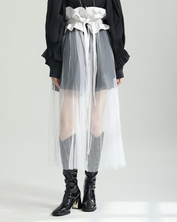 sheer tulle overlay skirt with voluminous shirt and corset belt - YUMI