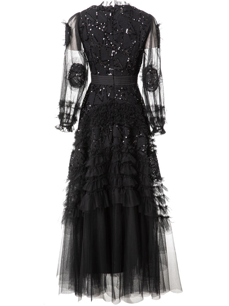 long-sleeve layered gown with tulle and embroidery - IRISWU