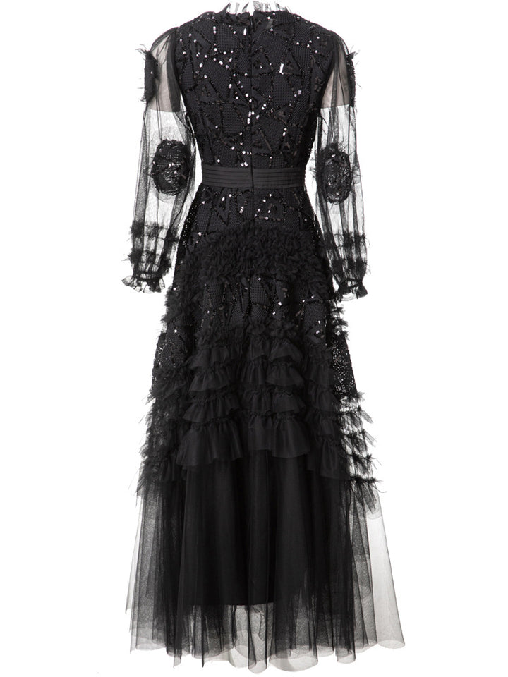long-sleeve layered gown with tulle and embroidery - IRISWU