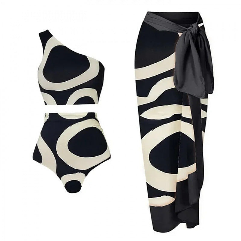 abstract one-shoulder bikini set with wrap sarong – MONO