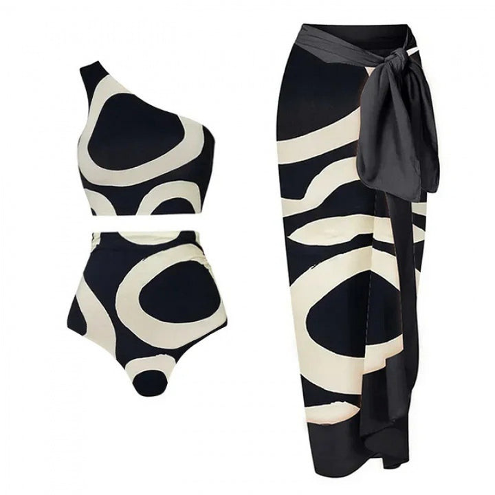 abstract one-shoulder bikini set with wrap sarong – MONO
