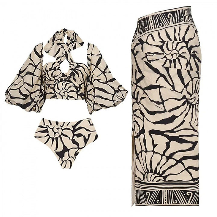 printed three-piece bikini set with cropped cover-up and sarong – ZARIA