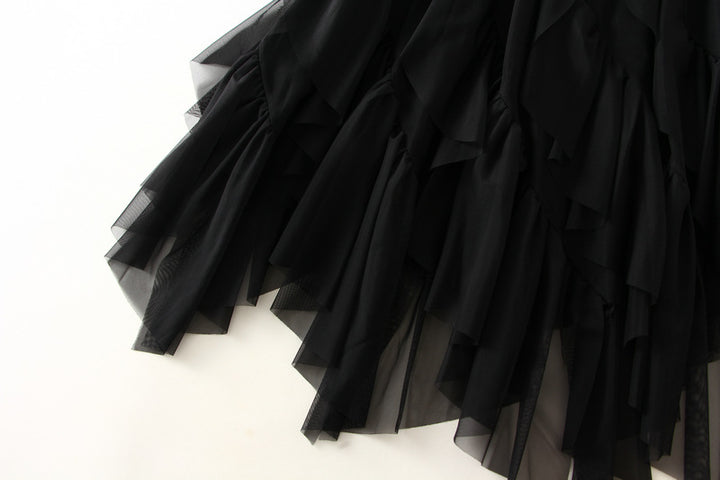 Asymmetrical ruffled mesh skirt with waterfall layers – Apilu