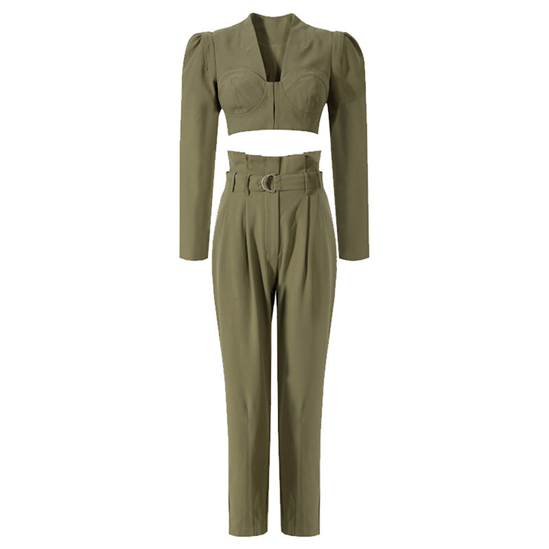 long sleeve cropped bustier top with belted tapered pants - MILAXI