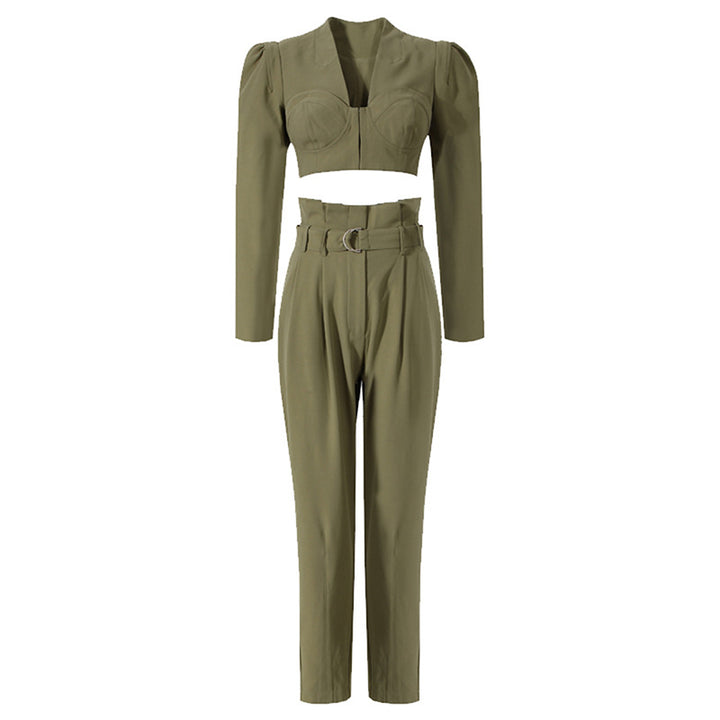 long sleeve cropped bustier top with belted tapered pants - MILAXI