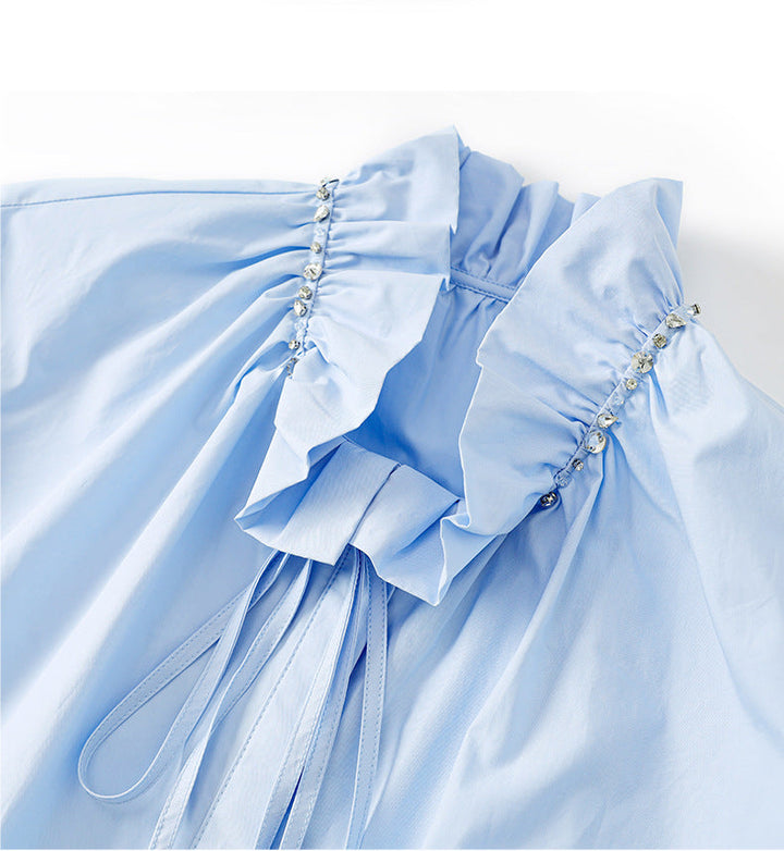 long-sleeve blouse with ruffled tie neckline – ESMÉZA