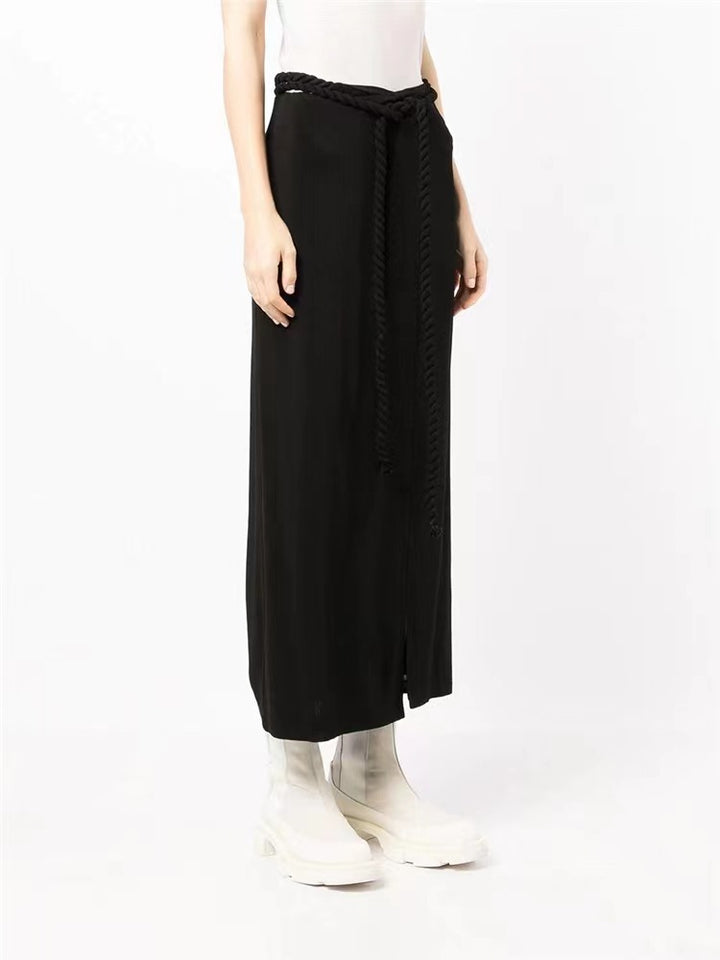 long-sleeve wrap crop top & slit midi skirt set with rope belt – ZYRADY