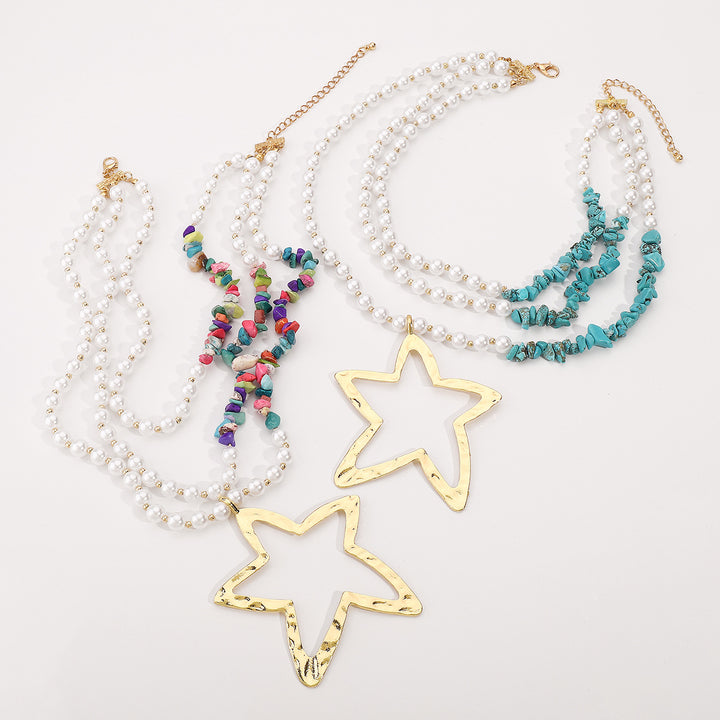 multilayer pearl necklace with turquoise stones and starfish pendant – CORALIAX