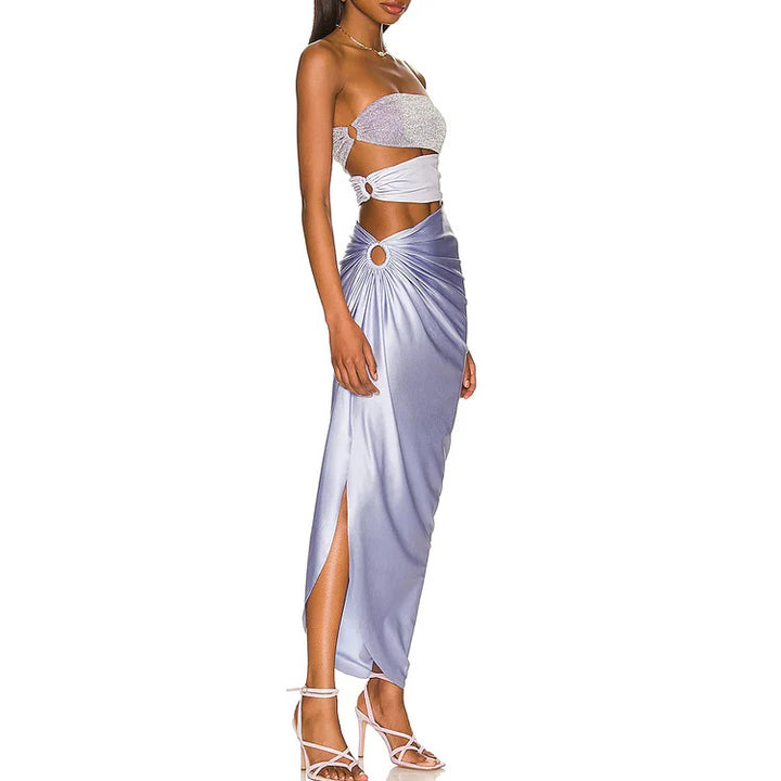 shimmer bandeau one-piece with ruched wrap skirt – LAVENDER