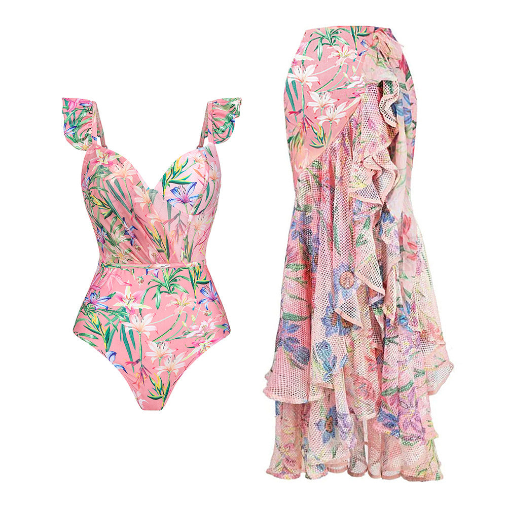 ruffle strap floral one-piece swimsuit with layered mesh maxi skirt set – BREEZE
