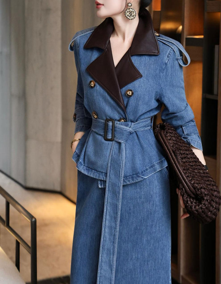denim trench dress with contrast lapel & waist belt – RIVERA