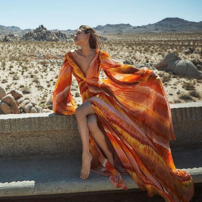 pleated cut-out one-piece with maxi flow skirt – SUNSET