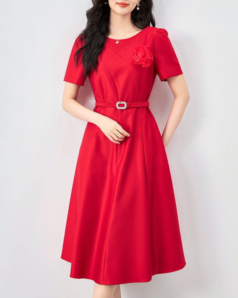 short-sleeve midi dress with floral appliqué belt - ROSELIAX
