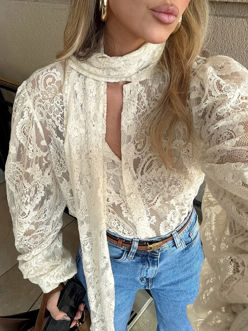lace blouse with long scarf tie – AMORE
