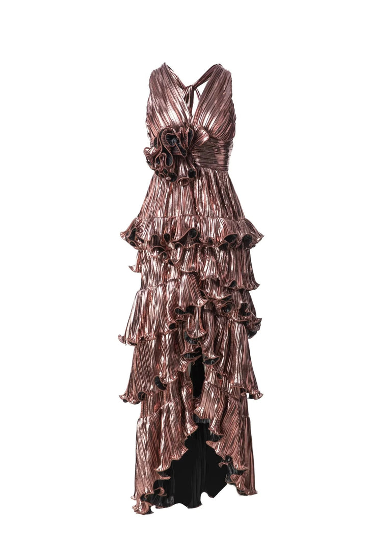 metallic pleated halter dress with tiered ruffles – DALSE