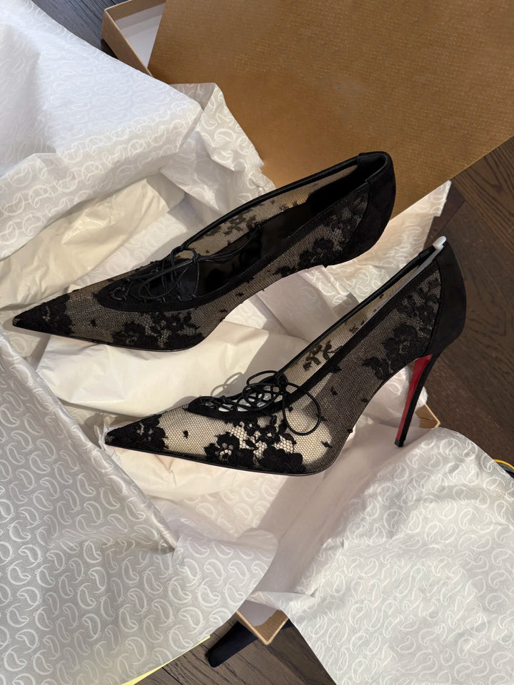 lace mesh pointed-toe heels with tie detail – NOIRITVU