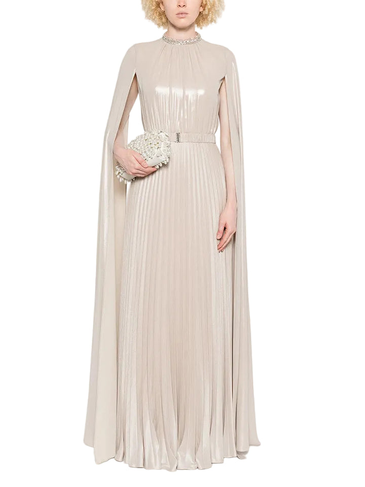 Pleated Cape Maxi Dress with Embellished Neckline – HAGRAS