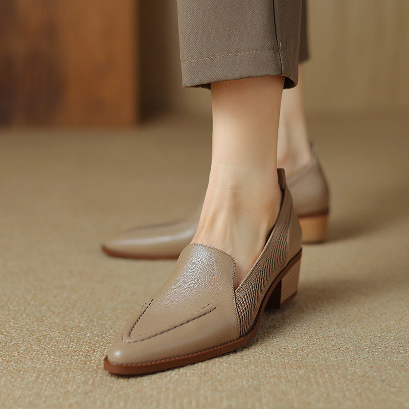 taupe leather block heel loafers with knit side panels – LENORA