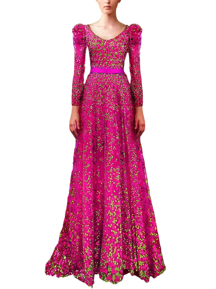 Sequin Maxi Dress with All-Over Embellishment – FUCHSIA