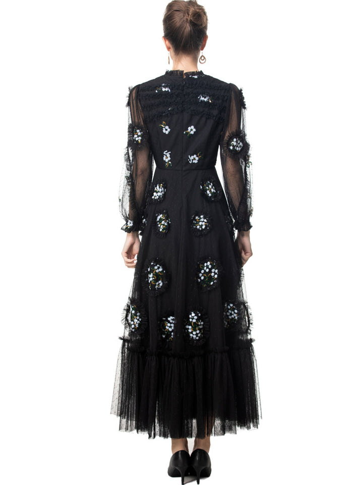 embellished tulle gown with sheer sleeves and crystal appliqués – MIDNIGHT