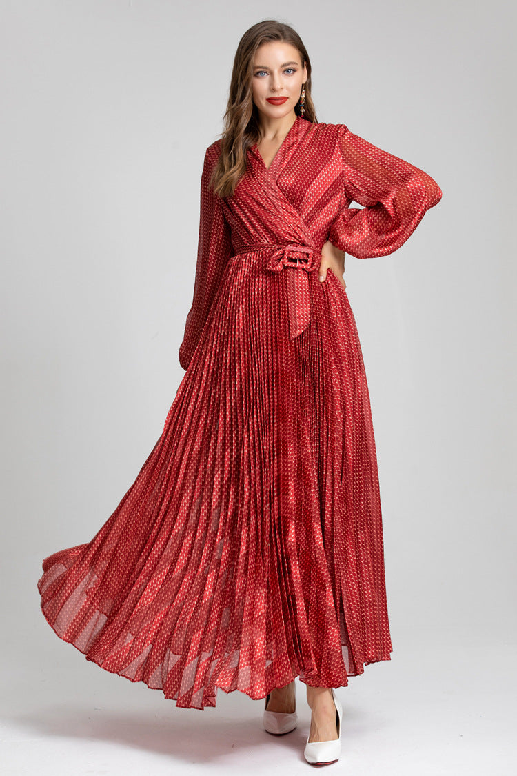Red Metallic Pleated Wrap Dress – Ruby