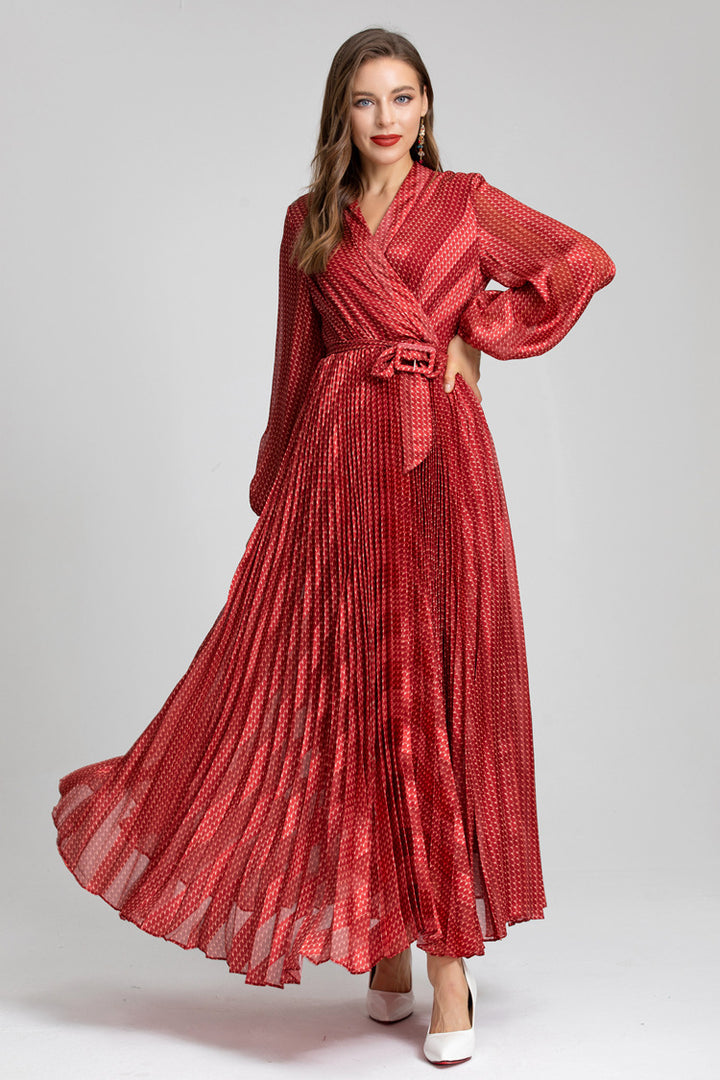 Red Metallic Pleated Wrap Dress – Ruby