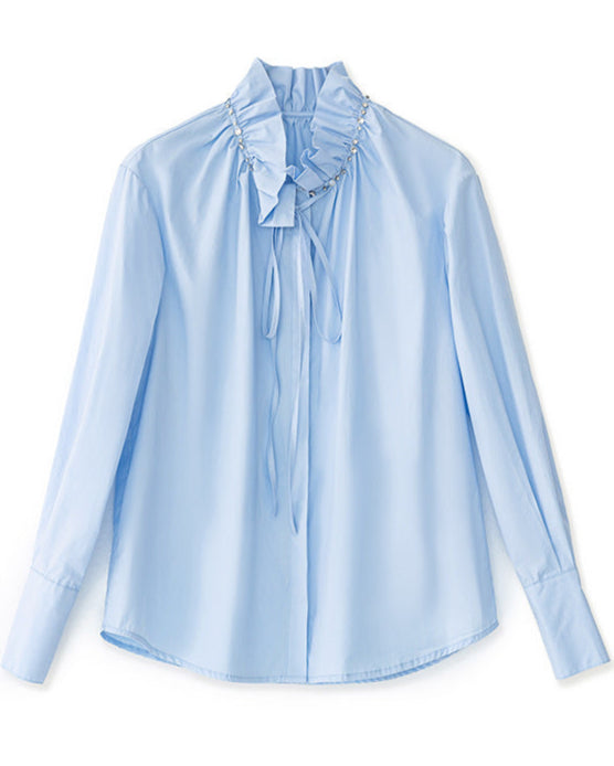 long-sleeve blouse with ruffled tie neckline – ESMÉZA