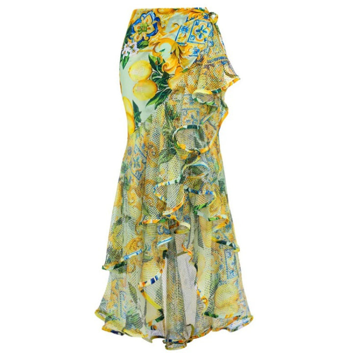 lemon tile print swimsuit with ruffle mesh wrap skirt – SICILIAN