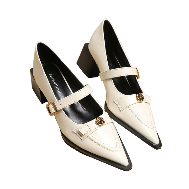 pointed block heel pumps with floral buckle strap – AURELIAVU