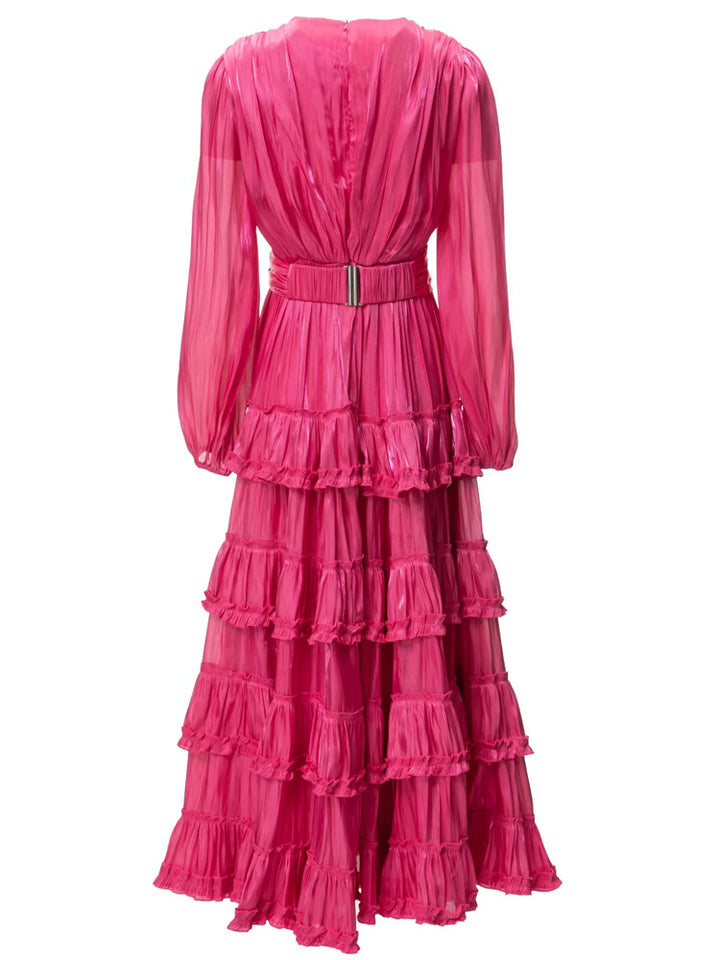 long-sleeve tiered pleated dress with voluminous hem - LÉONIE