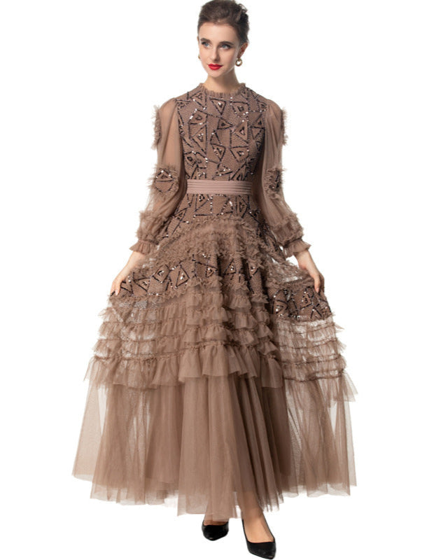 long-sleeve layered gown with tulle and embroidery - IRISWU