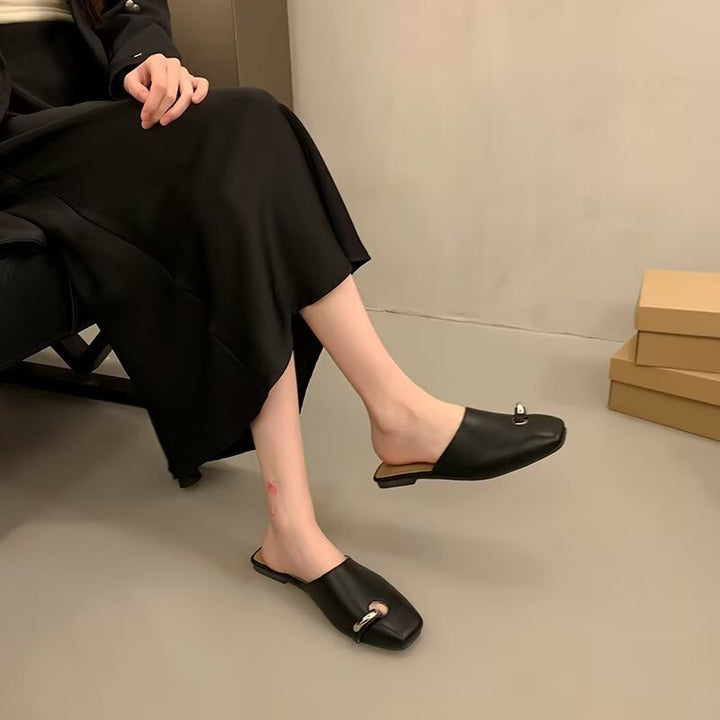 tan leather mules with silver ring detail – CELENA