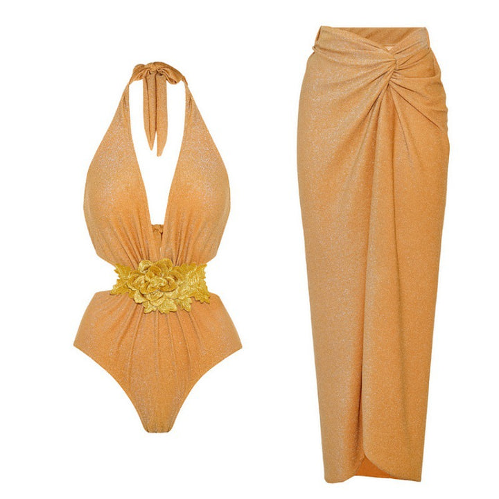 shimmer halter one-piece with floral waist detail – GOLDEN