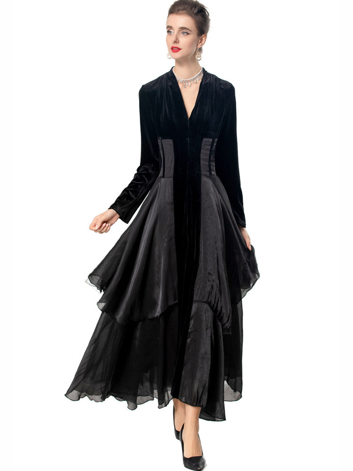velvet and organza layered gown with plunge neckline – NOLSI