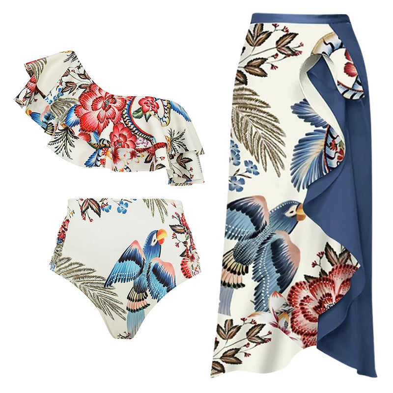 one-shoulder ruffle floral bikini with draped midi skirt – AZURA