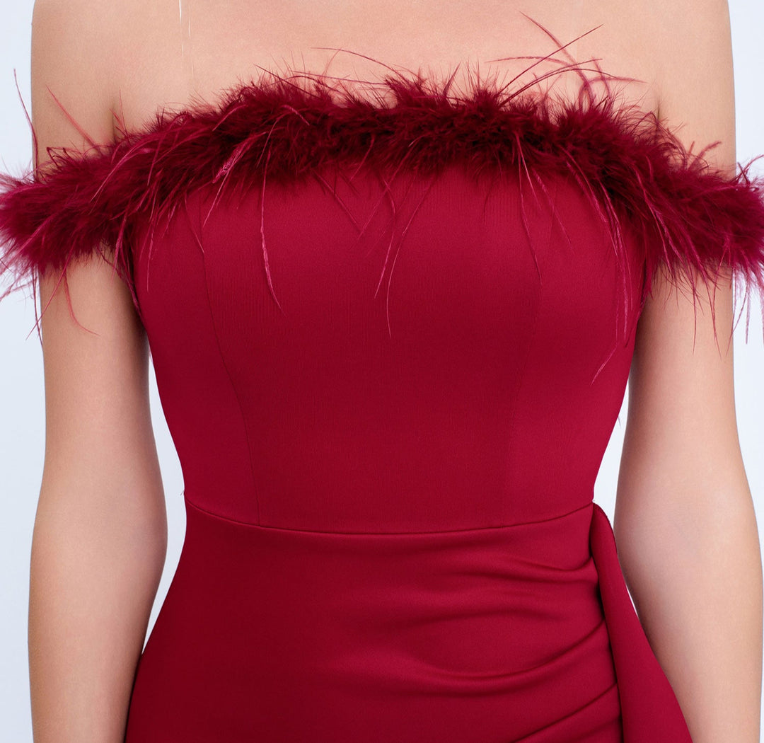 off-shoulder gown with feather trim and cascading ruffle – NOIRILU