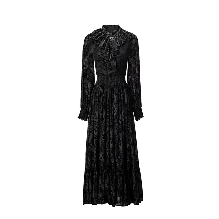 Ruffled High-Neck Printed Maxi Dress with Smocked Waist – AMBERLY