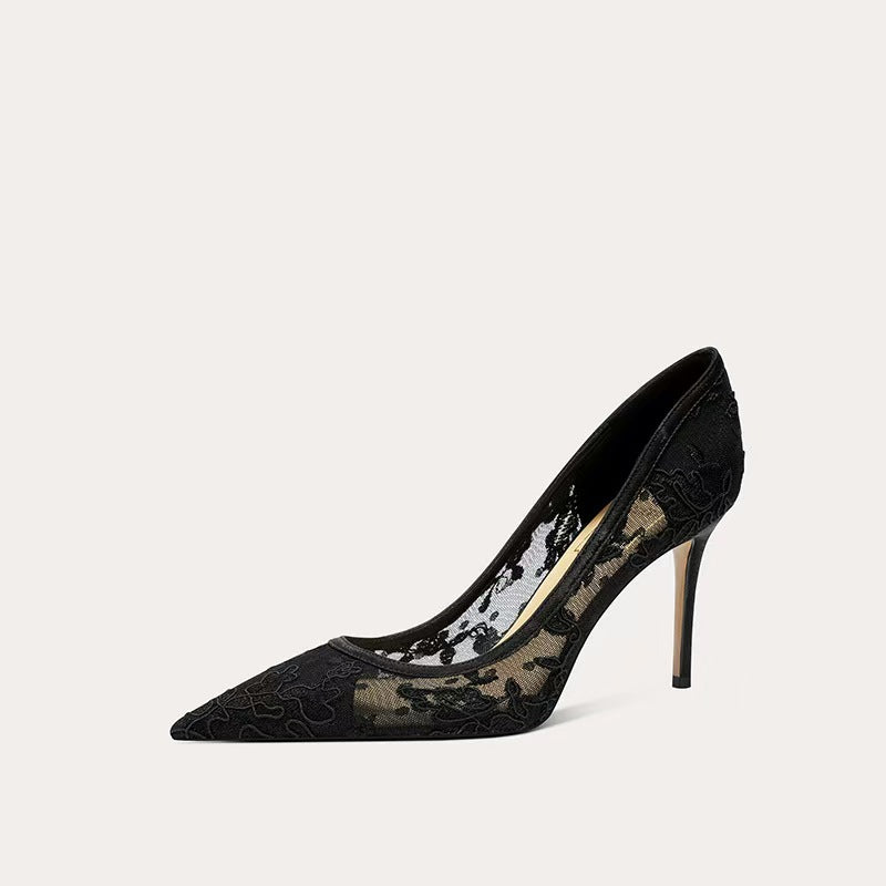 lace mesh stiletto pumps with floral embroidery – SERENAQIZ