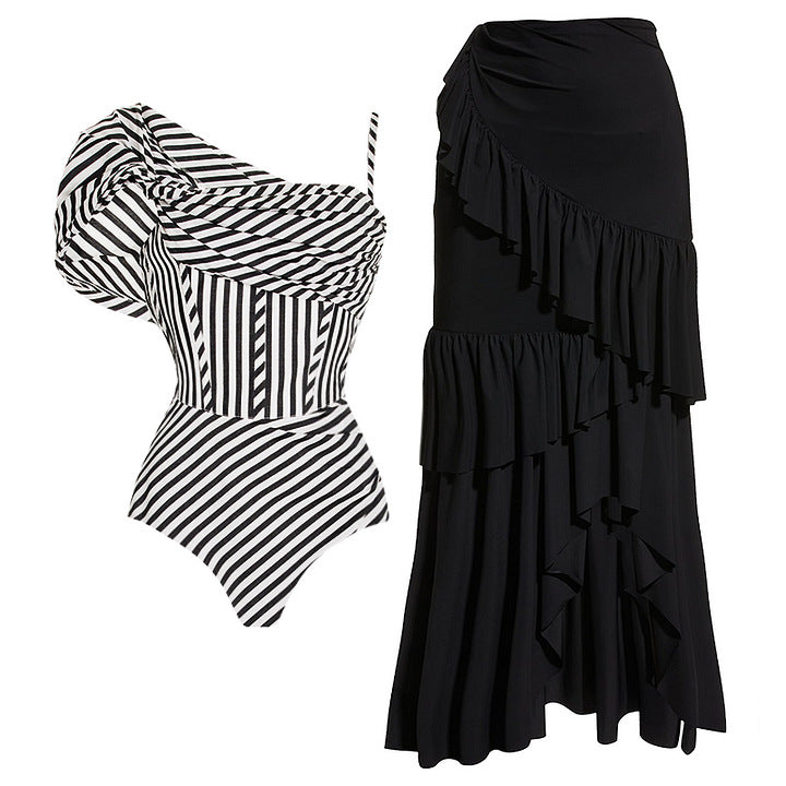 one-shoulder striped swimsuit with layered ruffle maxi skirt – EDGE