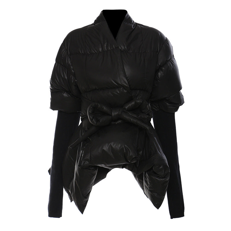 Asymmetric Wrap Puffer Jacket with Knit Sleeves – WRAP