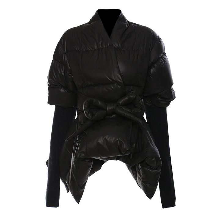 Asymmetric Wrap Puffer Jacket with Knit Sleeves – WRAP