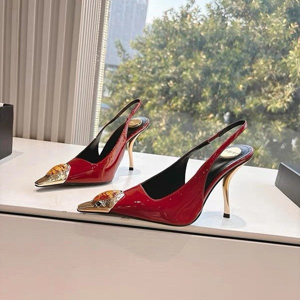 black patent slingback heels with emerald toe embellishment – ZARIA