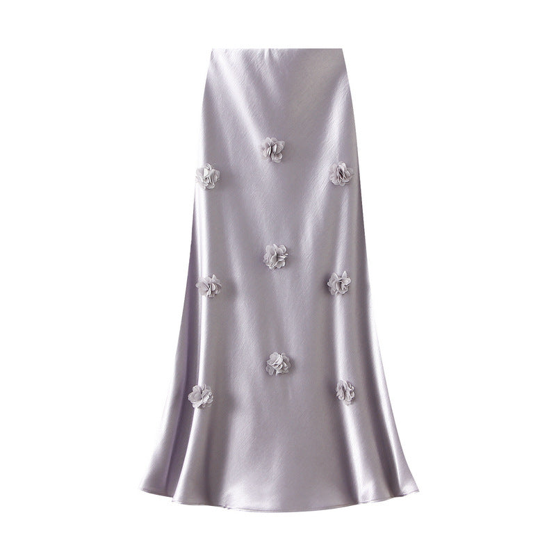 satin midi skirt with 3D floral appliqués – AMÉLIE