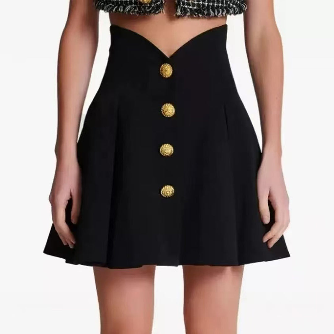 high-waist A-line skirt with gold button detail – AURELIAZI