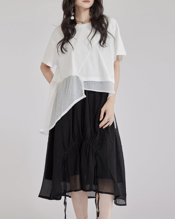 asymmetric cotton T-shirt with layered mesh panel – HARUX
