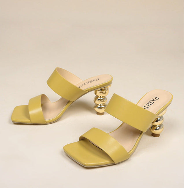 double strap mule sandals with sculpted metallic heel - FIORAZU