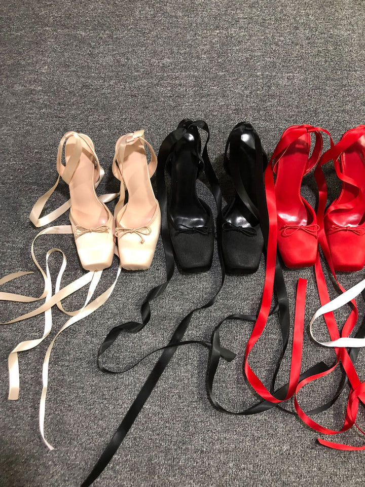 satin platform heels with ribbon ankle ties – BELLE